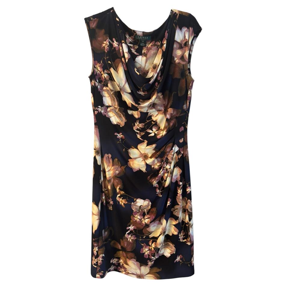 Ralph Lauren Dress Womens Blue Sleeveless Floral Print V Neck Faux Wrap 12 - Picture 2 of 6